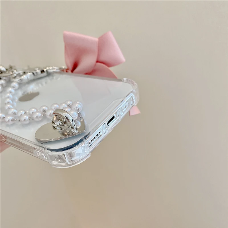 

INS Pearl Chain Phone Case For iphone 11 Pro Max 12 Mini 7 8 6 Plus X XR XS SE 2020 Fashion Diamonds Love Bowknot Cover Bracelet