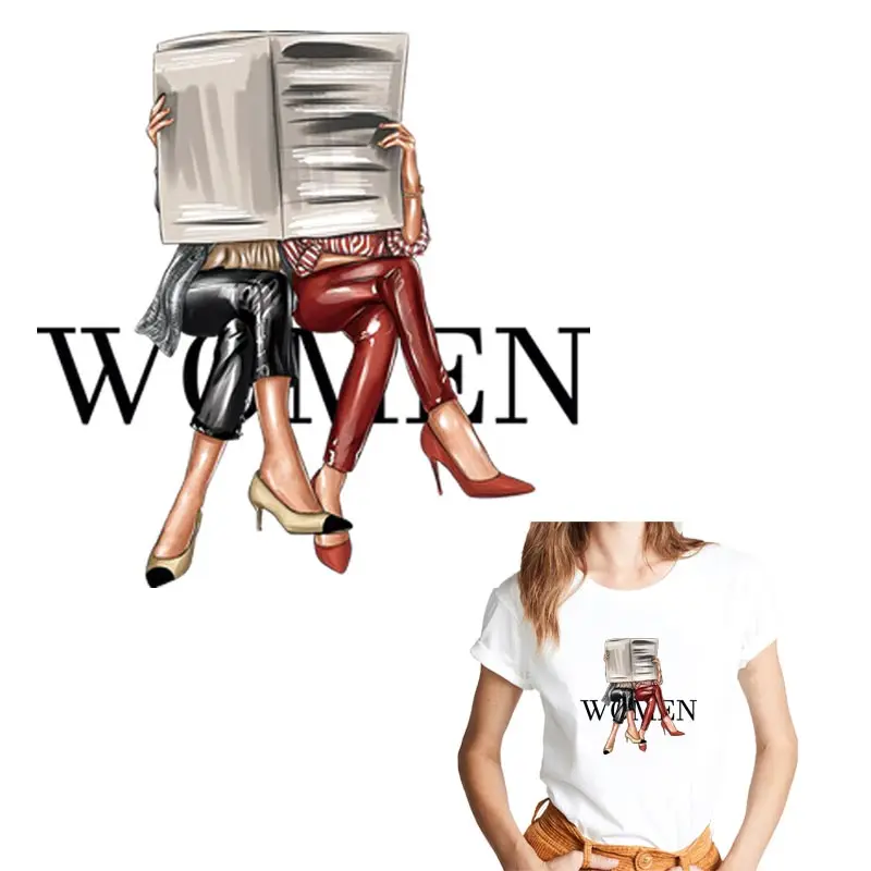 

Vogue Girls Iron On Transfers For Woman Clothing DIY Washable Thermal Stickers On T-shirt Read The Newspaper On Clothes Patches