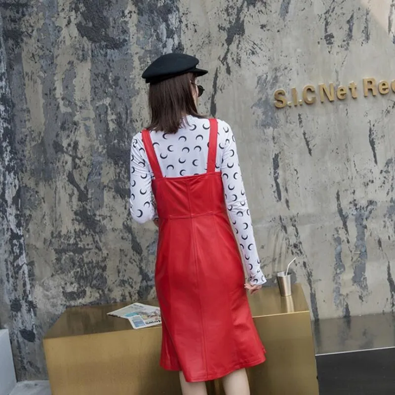 

Brand New Genuine Leather Sleeveless Suspender Womens Mermaid Dresses Fashion Slim Fit Street Medium Length Dresses Plus Size