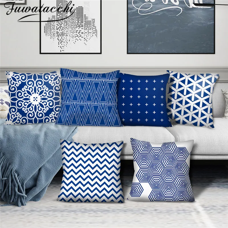 

Fuwatacchi Blue and White Stripes Cushion Cover Geometric Pattern Pillow Cover for Home Car Chair Decorative Pillowcases 45x45cm
