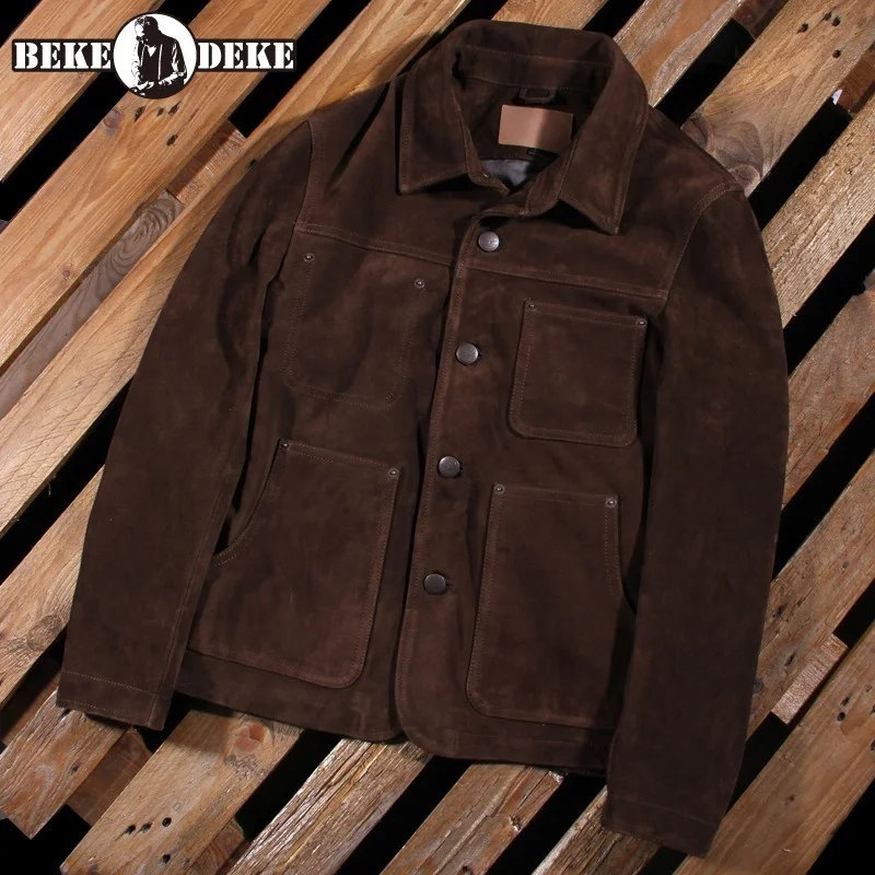 

Men Slim Turn-Down Collar Cow Suede Biker Jackets Casual Retro Short Outerwear Multi-Pockets Business Leisure Coat Male M-4XL