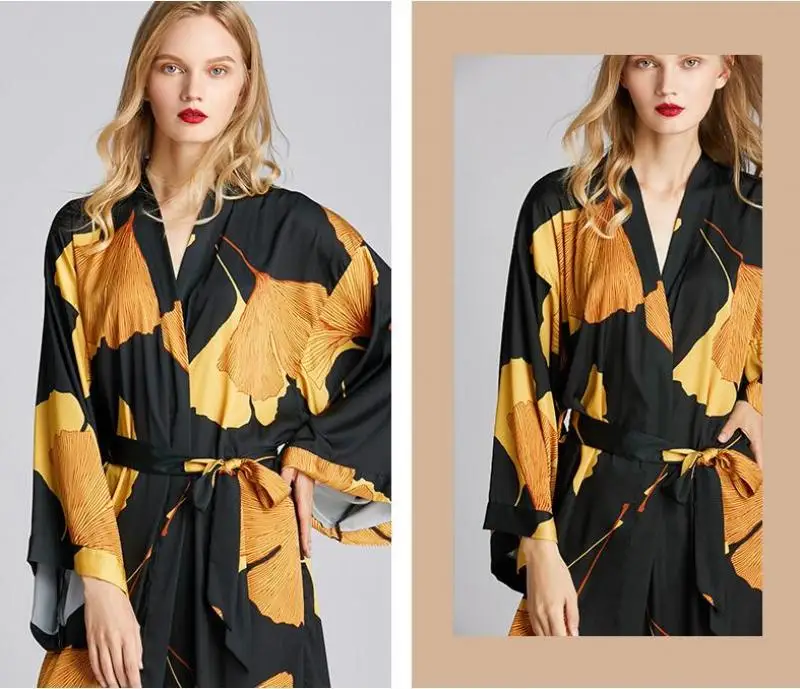 

Fashion Women's Loose Ice Silk V-Neck Long Sleeve Mid-Length Printed Lace Pajamas Nightgown