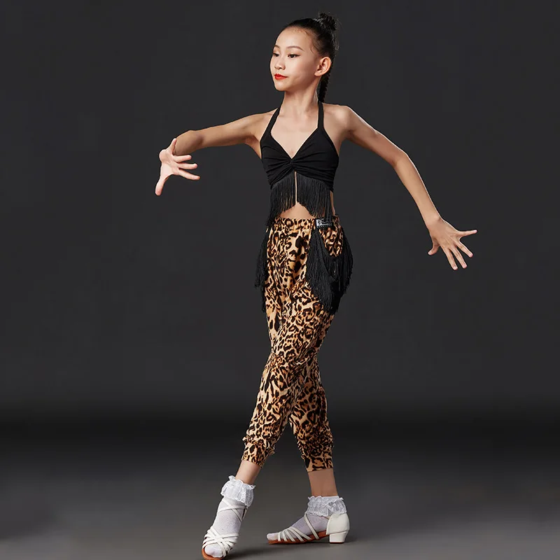 

Summer Latin Dance Costumes For Girls Fringed Halter Top Leopard Pants Practice Clothes Latin Dance Pants Children Dress DQS4556