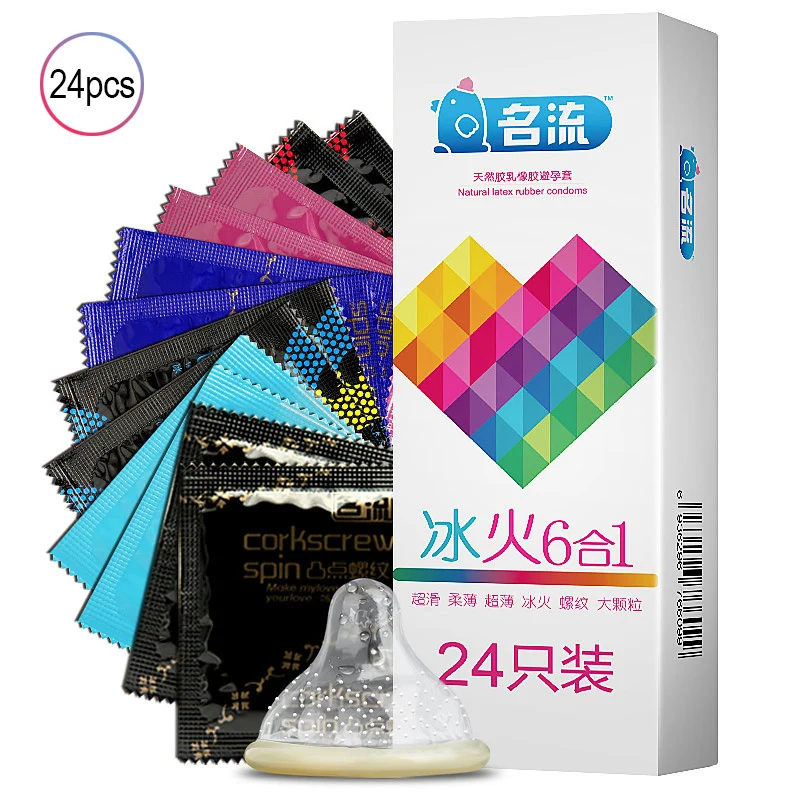 

24 Condoms In 6 Types Natural latex Condom Ice Fire Ultra-thin Feeling lubricating Thread Particles Safer Contraception Sex Shop