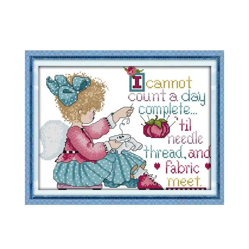 

A girl with embroidered 2 cross stitch kit aida 14ct 11ct count printed canvas stitches embroidery DIY handmade needlework