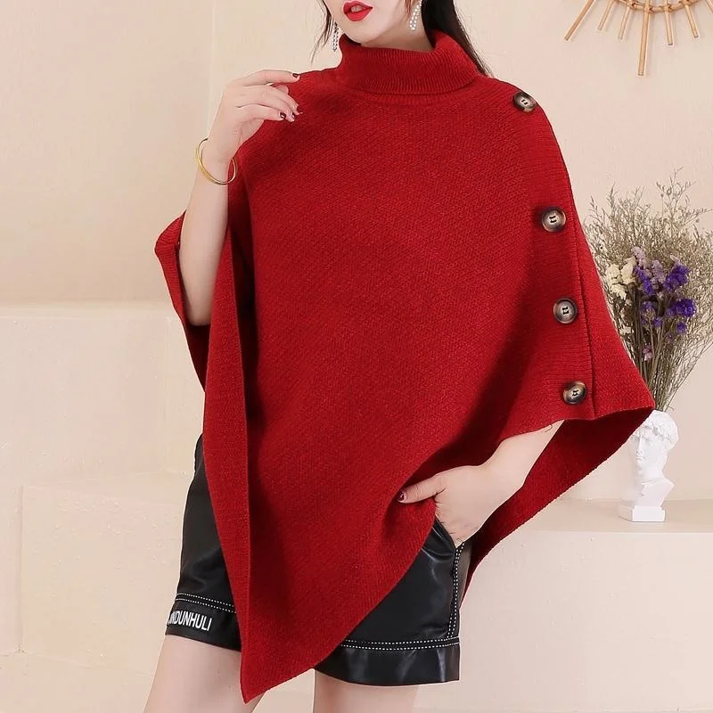 

Autumn Winter Button Poncho Women Sweater Femme Turtleneck Jumper Knitwear Holiday Vintage Cape Batwing Sleeve Cloak 2022