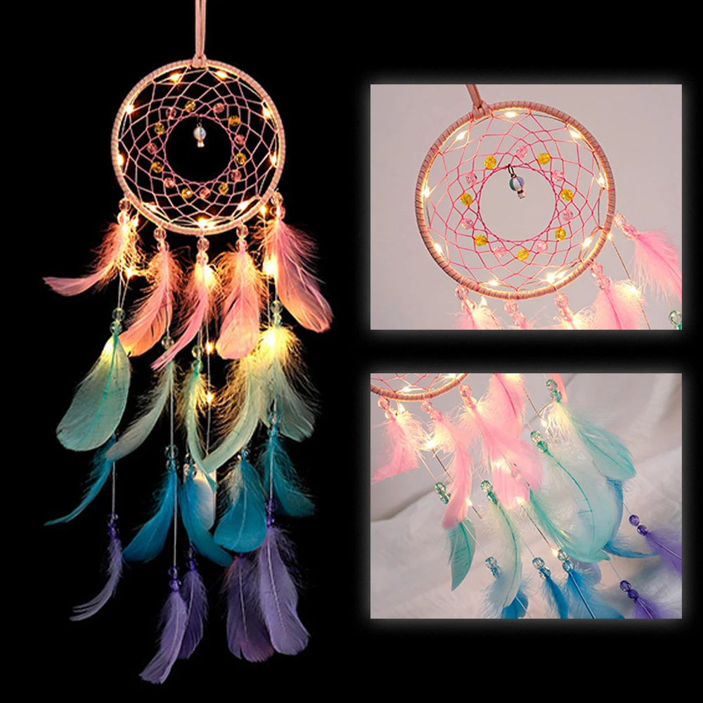 

Dream Catcher Feather Wall Decor for Bedroom Hanging Decoration LED Dreamcatcher Home Ornaments Fantasy Gift for Girl Friend