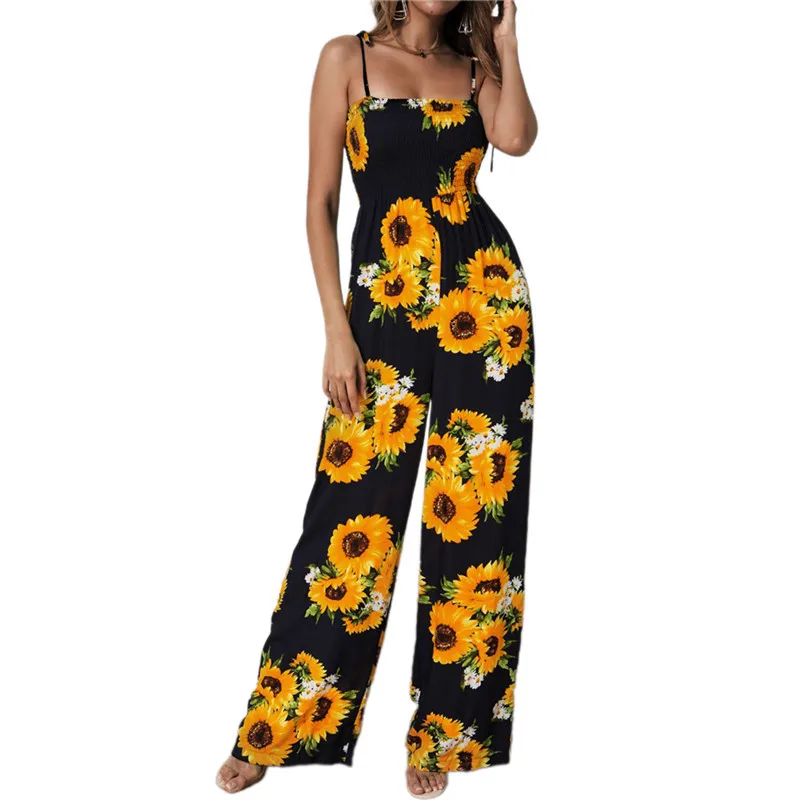 

Women Sunflowers Jumpsuits Sleeveless Strap Lace-up Romper Overalls Holiday Ladies Wide Leg Pants Floral Jumpsuit
