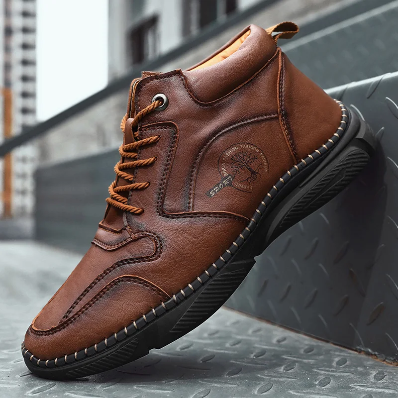 

Men's Leather High-Top Shoes Winter Plush Keep Warm Fashion Oxford Shoes Classic Sewing Soles Casual Shoes Retro Trend Men Shoes