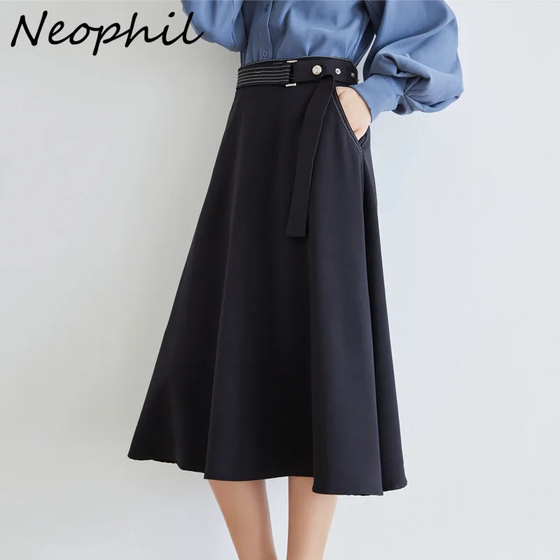 

Neophil Casual Black A-Line Midi Belt Skirts Women 2021 Autumn Sashes Pockets Swing Vintage Female Umbrella Saia Longa S21556