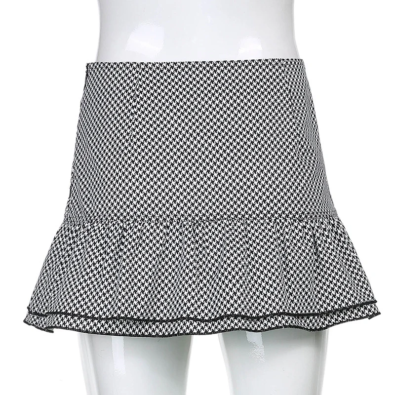 

YYXZ Spring Fashion Slim Cute Sexy Preppy Style Houndstooth Bow Ruffles High Waist SML Woman Casual Skirt Lady A-line Skirt