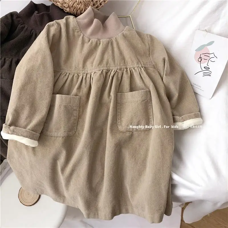 Vestido de moda para ni&ntilde;a, prenda de cuello alto grueso con forro polar, pana de manga larga, Oto&ntilde;o e Invierno-3