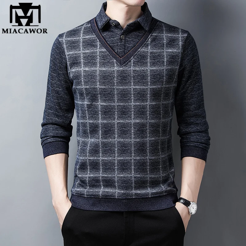 

New Brand Fashion Winter Sweater Men Soft Warm Knitwear Chenille Pullover Fake Two Plaid Jerseys Casual Pull Homme Y398