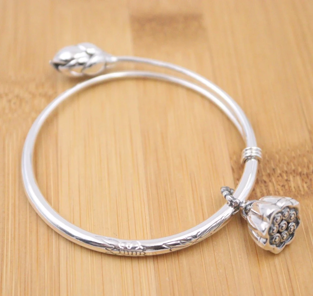 Pure 925 Sterling Silver Bangle  Carved Pattern Lotus Adjustable Bracelet 25-26g For Women Lucky Gift