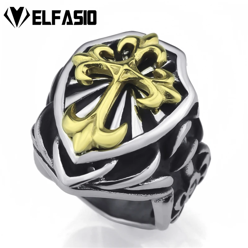 

Mens Boys Stainless Steel Rings Fleur De Lis Gold Cross Knight Ring Wholesale Jewelry Size 7-15
