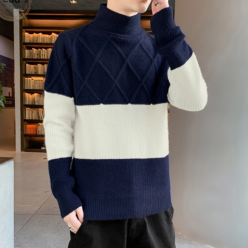 

Turtleneck Patchwork Sweater Men Clothing New Fall Winter Knitwear Thick Pullover Men Fashion High Neck Soft Warm Pull Homme