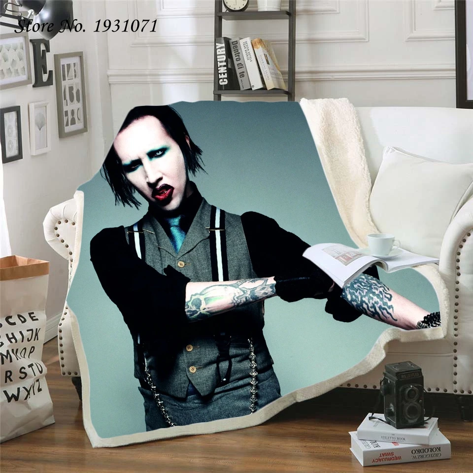 

NEW Marilyn Manson 3D Printed Fleece Blanket for Beds Thick Quilt Fashion Bedspread Sherpa Throw Blanket Adults Kids 07