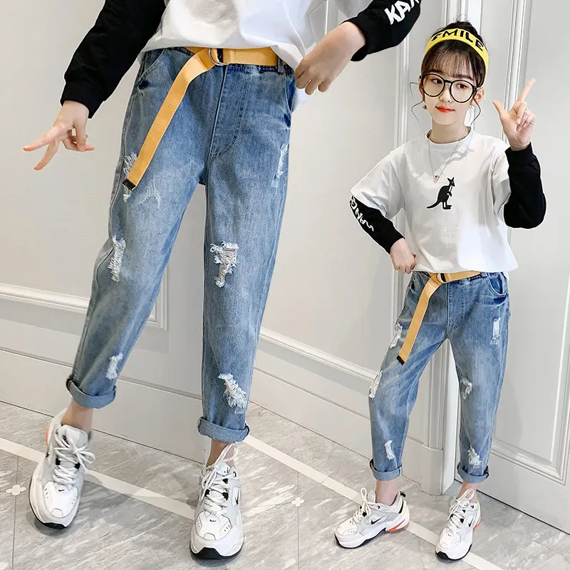 

New Fashion Children's Ripped Jeans for Girls Kids Casual Denim Trousers with Belt Teen Girl Pants For Age 4 5 7 9 11 13 Years