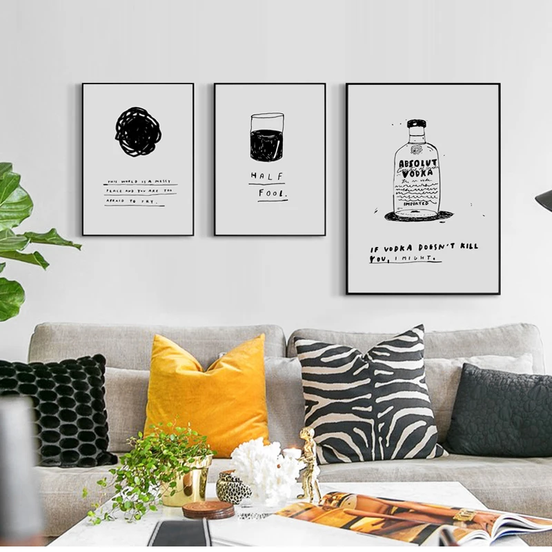 Современное абстрактное минималистическое искусство. Картина на холсте "Хот-дог, пиво, постер с палочкой-фигурой". Декор для дома в гостиной.