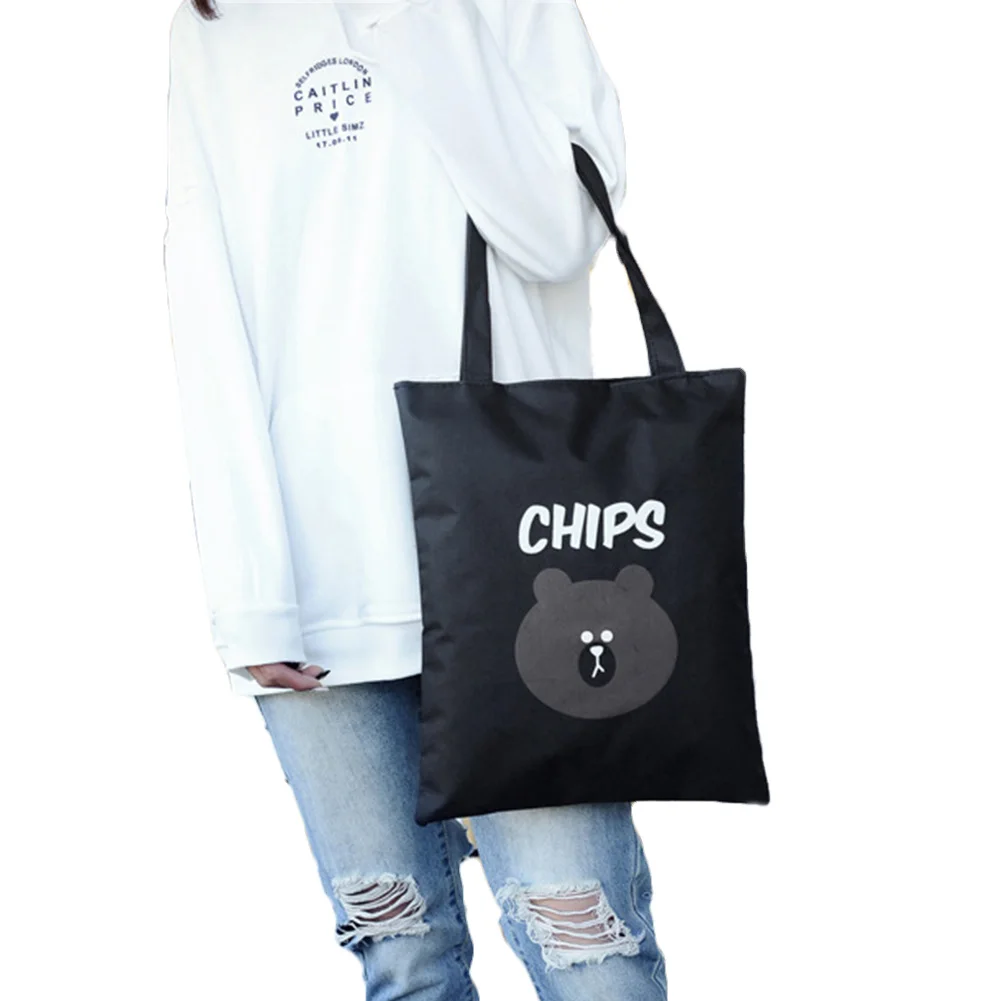 

Women Bear and Letter Printed Handbag Fashion Zipper Black/White Schoolbag Large Opening Casual Canvas Shoulder Bag for Girls