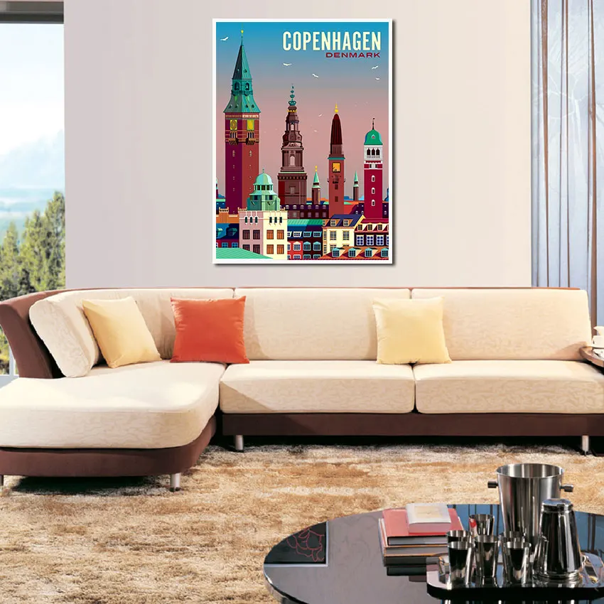 Копенгаген Дания город путешествия плакат мультфильм архитектура здание холст