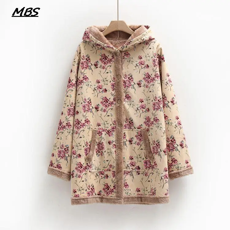 Trendy Winter Women Hoodie Coat Faux Fur Coat Vintage Flowers Print Pullover Button Hooded  Pockets Cotton Parka Oversize Jacket