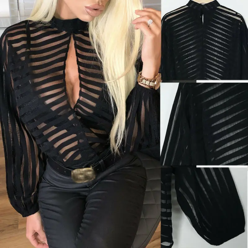 

Sexy Summer Women Hollow Out Blouse Fashion Female Casual Sheer Mesh Long Puff Sleeve See Through Tee Shirt Blouse Black New