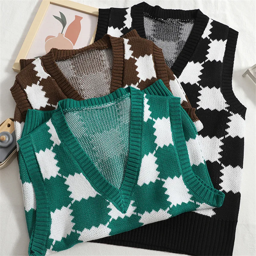 

High Street Fashion Argyle Sweater Vest Women Sleeveless Plaid Knitted Sweaters Vest Preppy Style 2022 Y2K Clothes Waistcoat