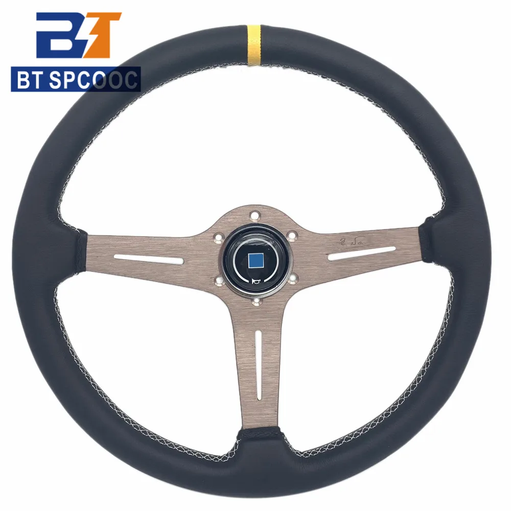 

Car Sport 370MM Classic Leather Steering Wheel With N* Horn Universal 15Inch Racing Steering Wheel With Gumetal Spoke Titanium