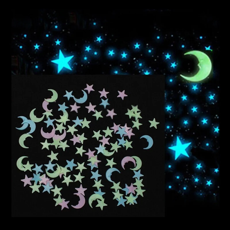 

Waterproof Wall Stickers 100pcs Set Star Moon Glow In The Dark Luminous Ceiling