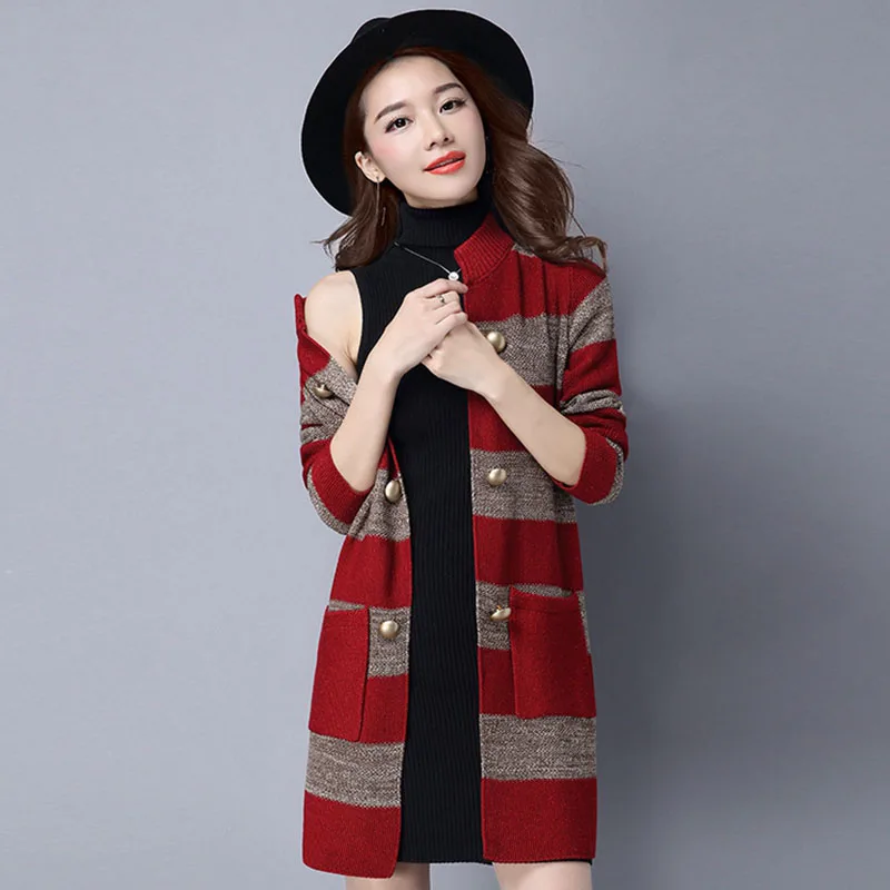 Women Spring And Autumn Sweater Coat New Womens 2020 Knitted Cardigan Large size Striped Medium long OK056 |