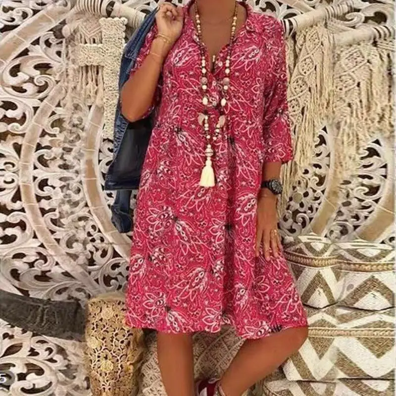 Платье-рубашка женское в этническом стиле свободное Макси-платье с отложным