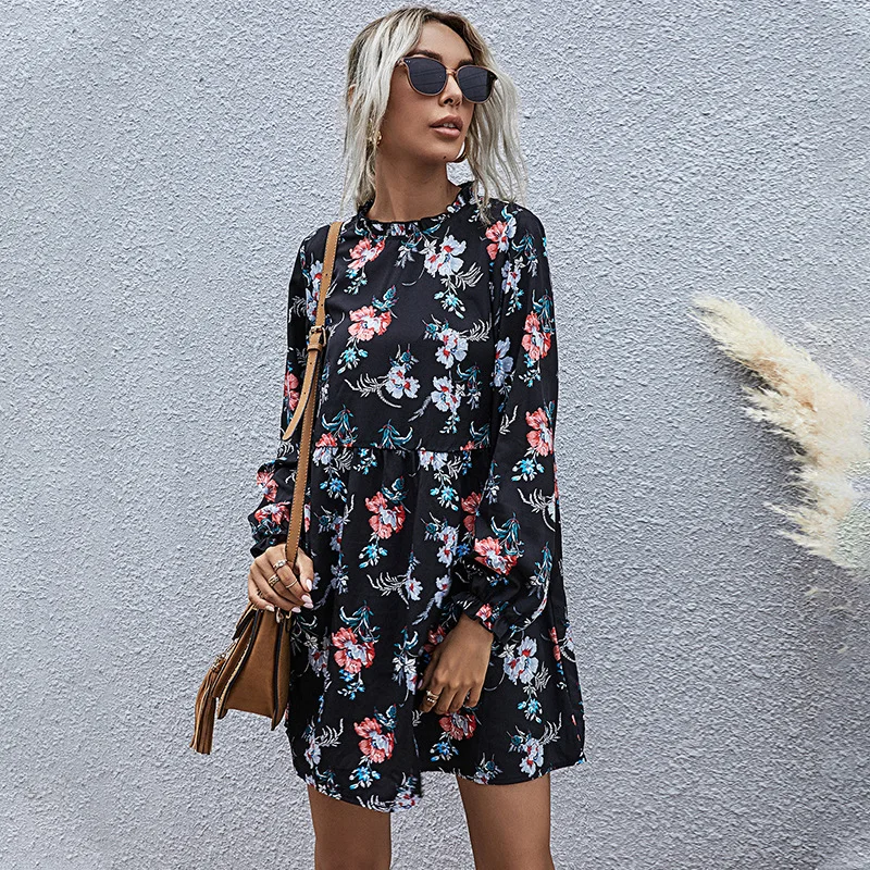 

2021 New Autumn Winter Fashion Floral Dress Women Casual Full Sleeve High Waist Loose Print Dress
