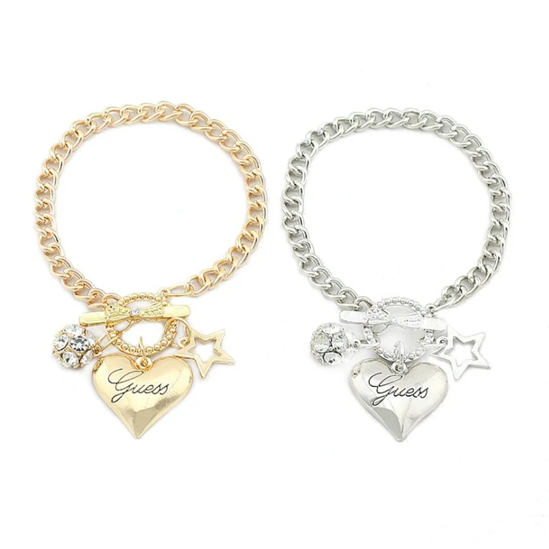 

Fashion Silve/ Color Women Jewelry Crystal Heart Star Cuff Charm Bangle Chain Pendant Bracelet For Valentine's Day Gift