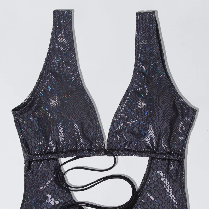 

2021Solid Color Fashion Swimsuit Sexy Strappy PU Leather Beach Vacation Bikini Sexy One-piece Swim Suits Swimwear Women