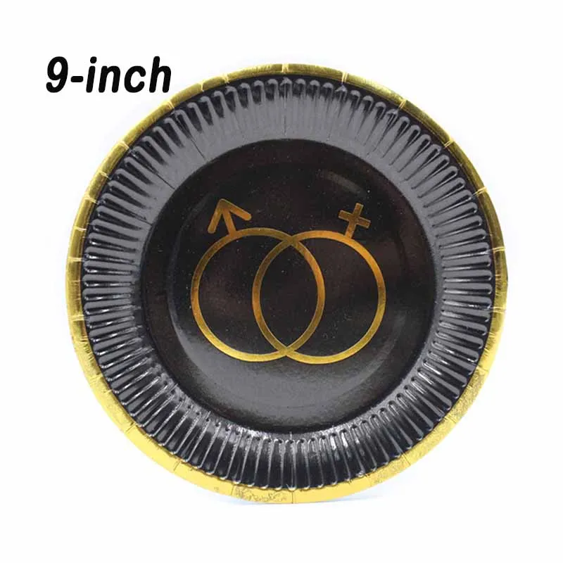 Plates 9-inch 10pcs Черные тарелки, салфетки для стаканчиков, соломинки, Свадебные Декорации для взрослых, юбилей, дней рождения, вечеринок, одноразовые столовые приборы в Золотой горошек - Цвет: Plates 9-inch 10pcs