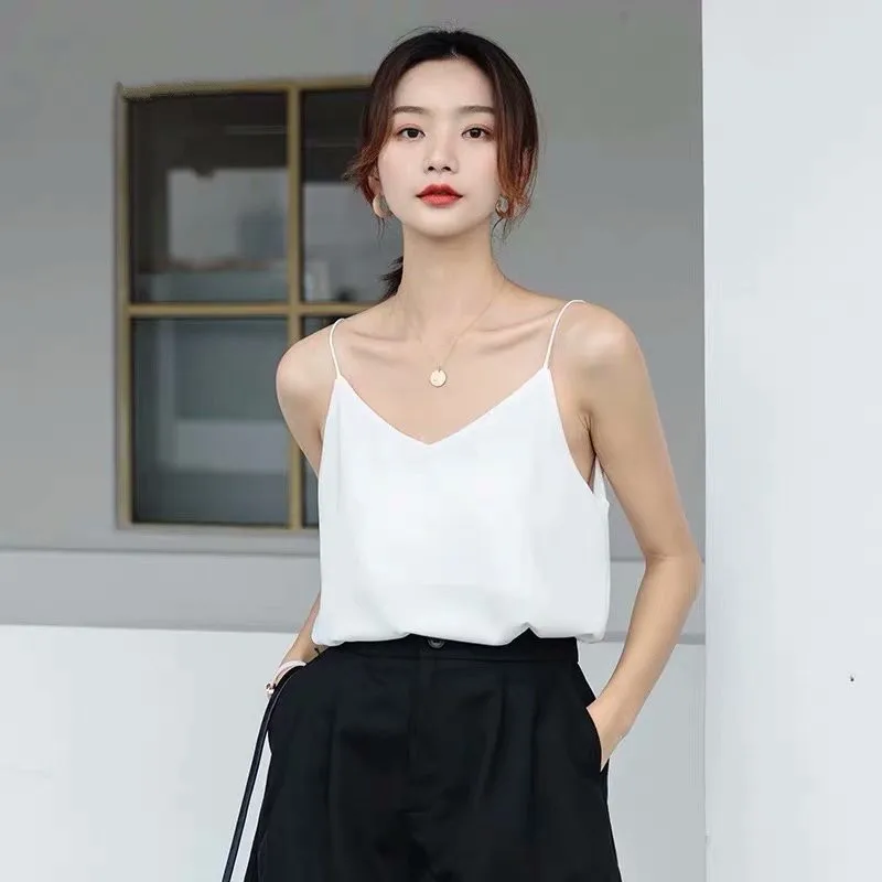 

Korean Chiffon Top Women Woman V-neck Satin Tank Top Woman Sleeveless Vest Tops Tees Plus Size Sexy Women White Top Ladies Camis
