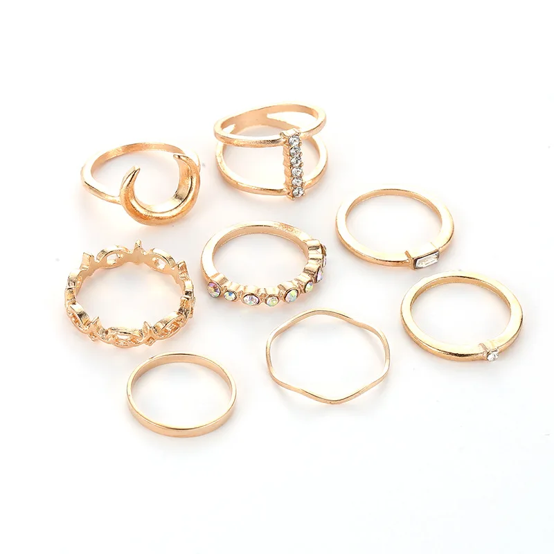 

European and American fashion set with diamonds creative moon combination ring set with 11 pieces Wish set Ring