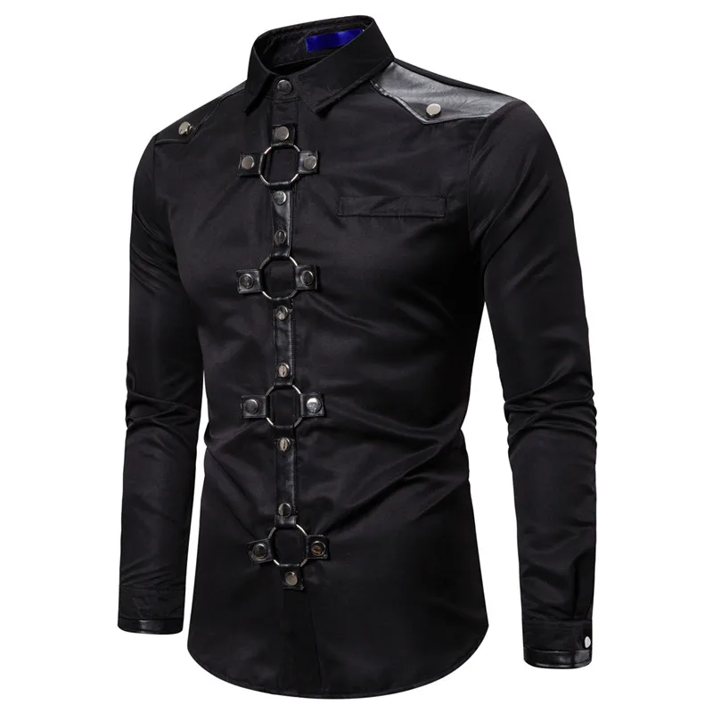 

European Version Of The New Men's Shirt Spring And Autumn Gothic Style Rivet Solid Color Slim Long-Sleeved Costume MCQSa22