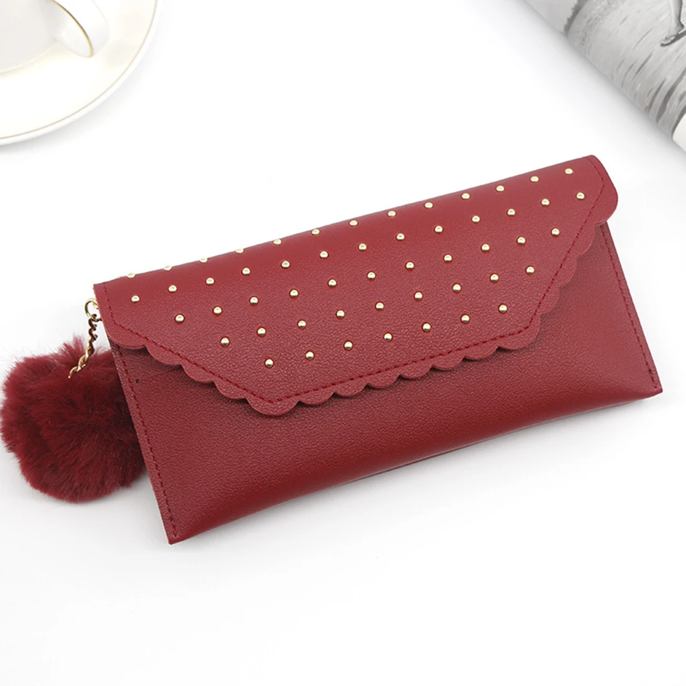 

Wallet For Women Retro Rivet Hasp Long Ladies Wallet Card Purse Pu Leather Wallet With Fur Ball Ornaments Phone Bag
