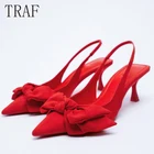 Женские босоножки на высоком каблуке TRAF, красные, черные туфли с бантом на пятке, элегантные вечерние туфли с острым носком на шпильке, 2021