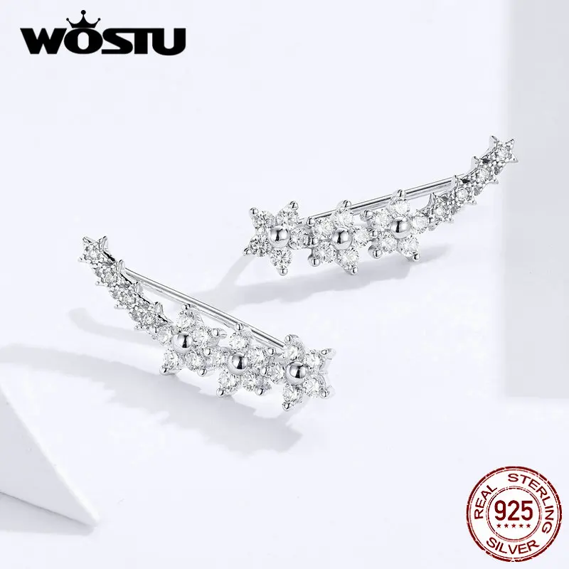 WOSTU, настоящее 925 пробы, серебряные серьги-гвоздики с тонким цветком, сверкающие циркониевые маленькие серьги для женщин, свадебные украшения CQE712