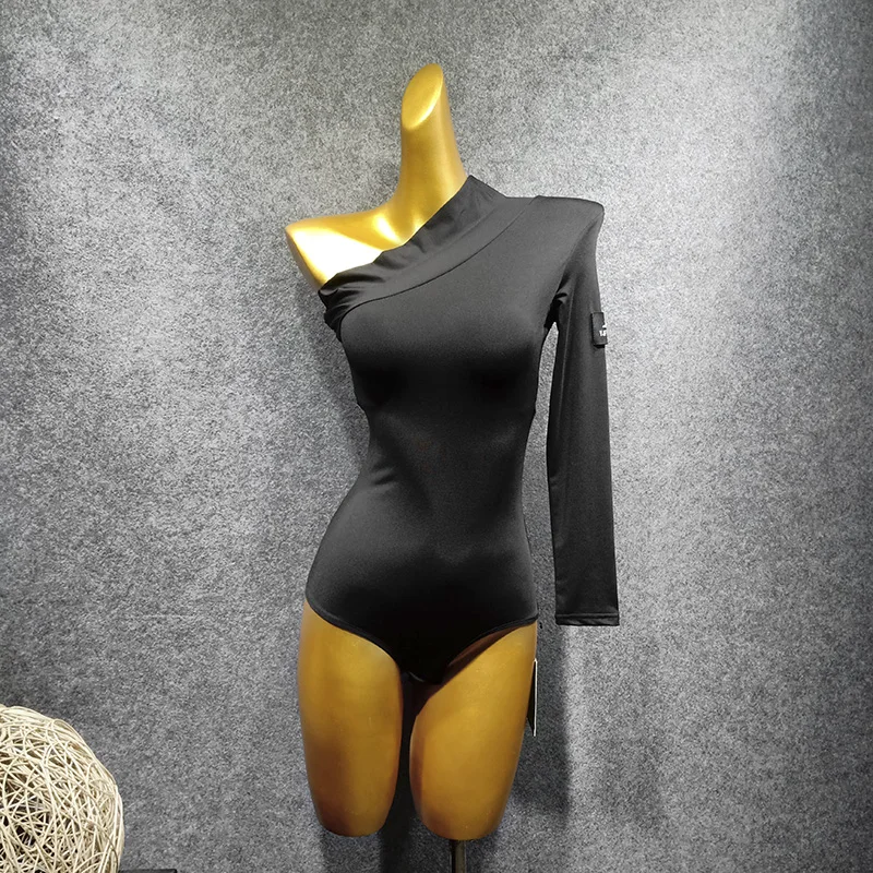 Топы для латиноамериканских танцев женский осенний Черный трико с одним длинным