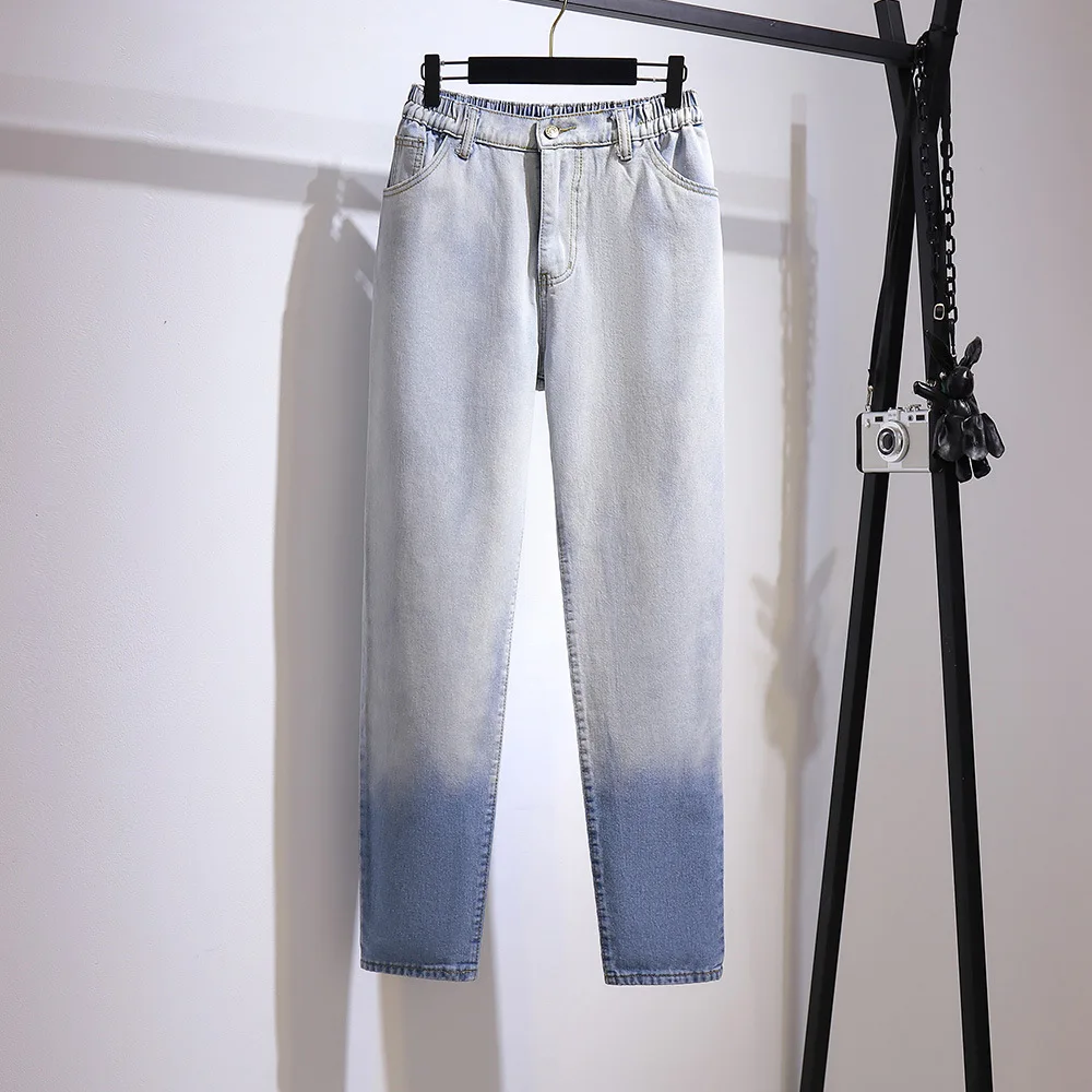 

Autumn and Winter Women Jeans Gradient Color Elastic High Waist Pockets Zipper Loose Thin Plus Size Harem Pants for Ladies 6xl