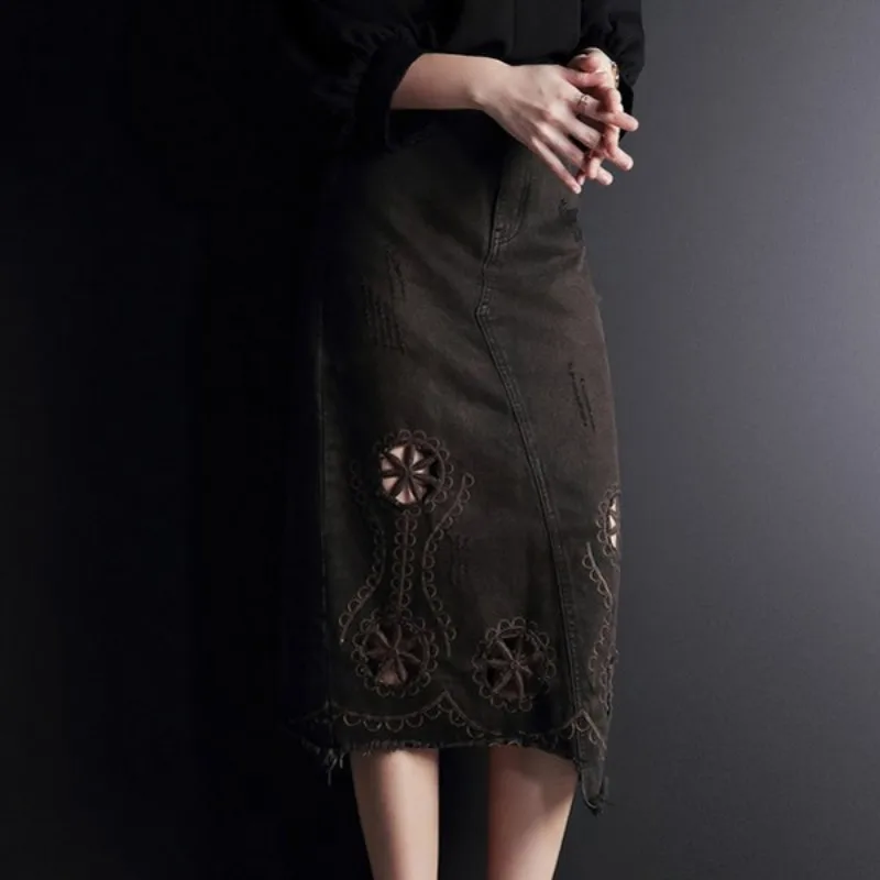 Женская длинная джинсовая юбка элегантная офисная винтажная трапециевидной