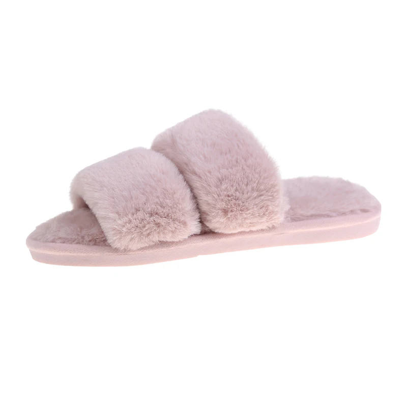 

Women Slippers Flat Plush Shoes Open Toe Slip On Fur Shallow Female Home Cotton Shoes Warm Solid Ladies Warm Autumn Leisure