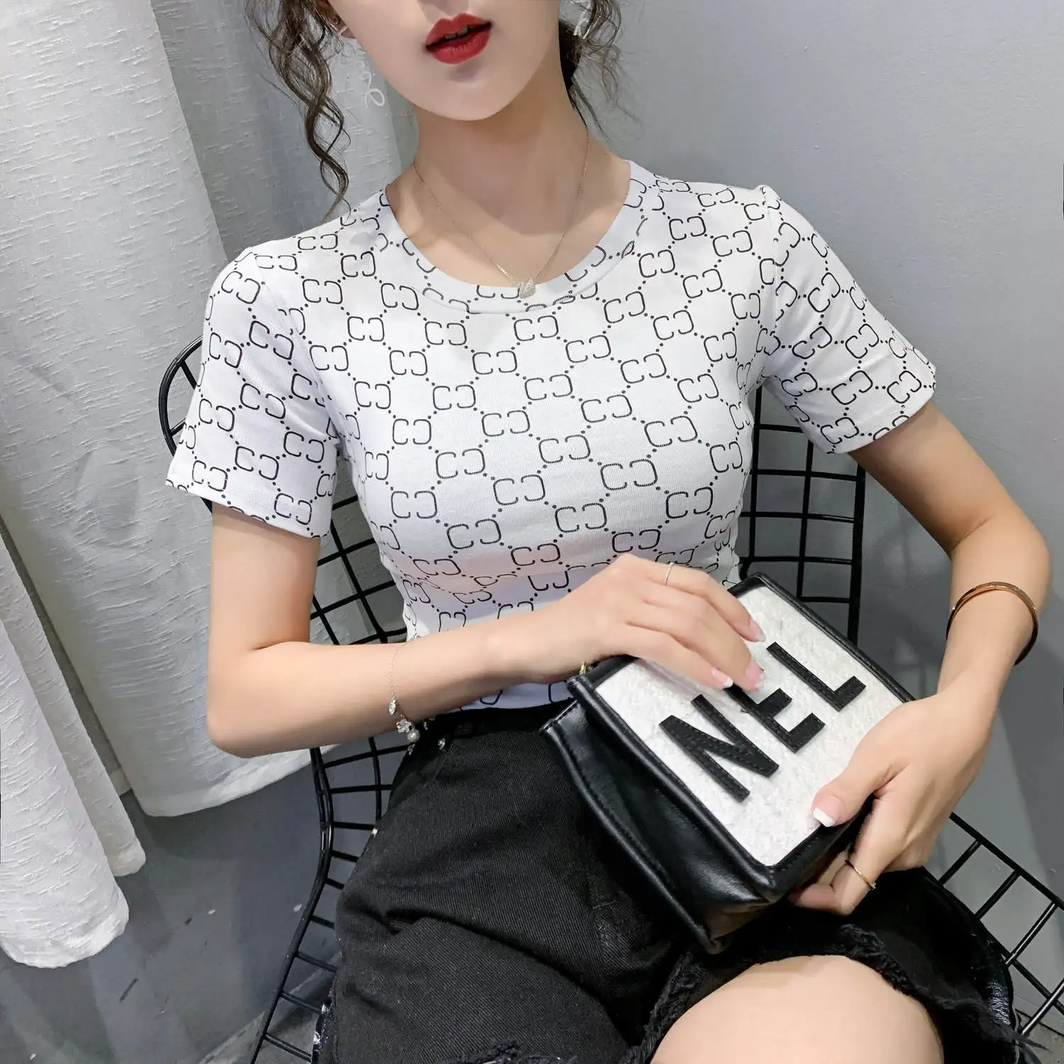 

T-shirt with round neck print and short sleeve for women's summer new slim and versatile student cotton bottomed shirt for women