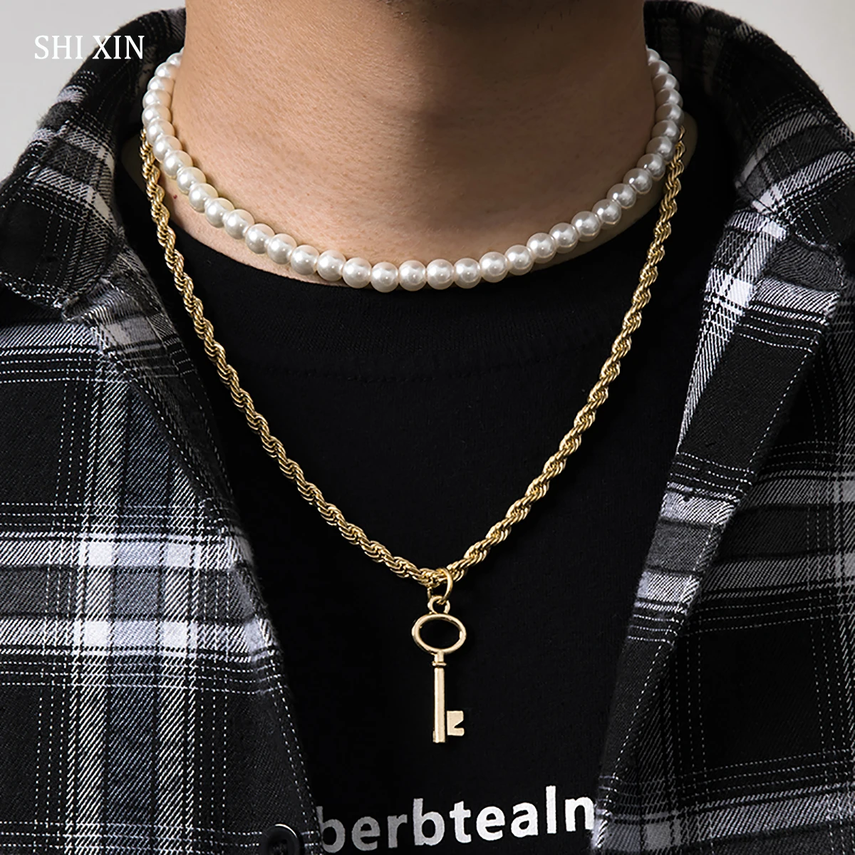 

SHIXIN Punk Layered Chain With Key Pendant Necklace Men Fashion Short Pearl Choker Necklace for Women Jewelry for Neck 2021 Gift