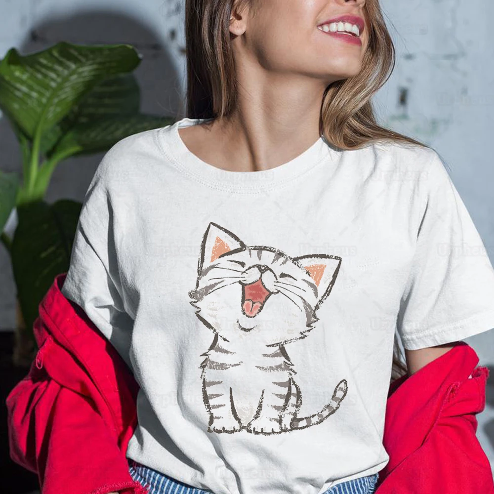 100% хлопок американская короткая футболка с милой кошкой рисунком счастливой