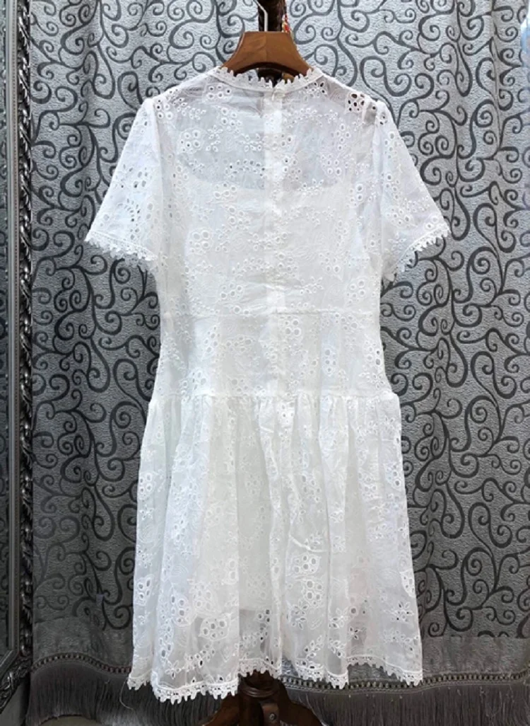 

Dress Luxury White 2021 Summer Fashion Style Women Allover Exquisite Embroidery Slim Fitted A-Line Tunic Silk Cotton Dresses